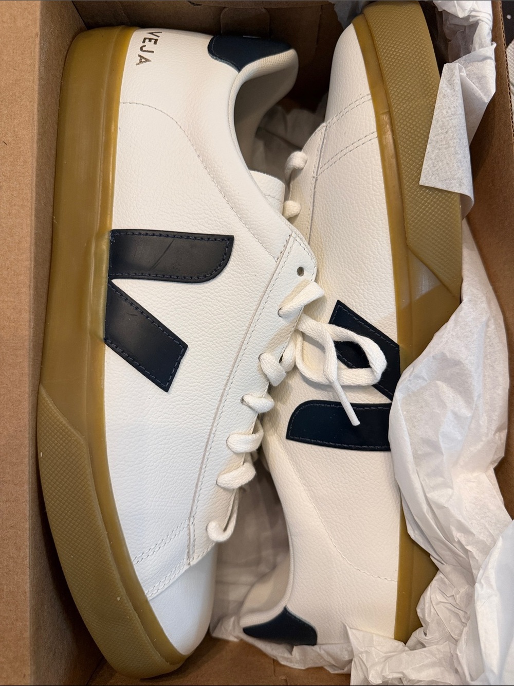 Veja White Leather Sneakers with Navy V and Gum Sole